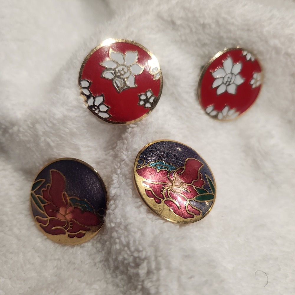Vintage‎ Cloisonne Enamel Floral clip Earrings Lot Red Purple Gold Tone Flower